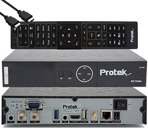 Protek X2 Twin SAT 4K - UHD HDR 2X DVB-S2 Twin Tuner, OpenATV E2 Linux Receiver, Smart TV-Box, YouTube, Aufnahmefunktion, Kartenleser, Media Player, USB 3.0, inklusive WiFi & EasyMouse HDMI-Kabel