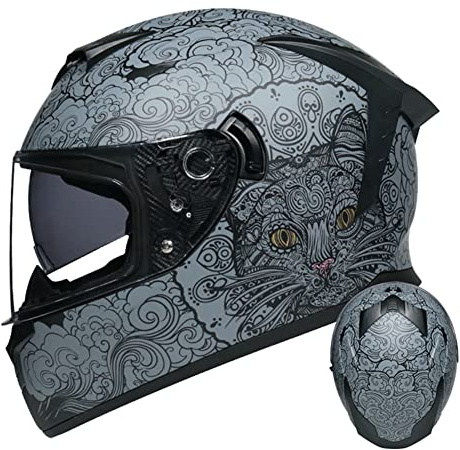 Casco integral para motocicleta con lentes antivaho duales Casco de viajero de la ciudad DOT Cascos turísticos para hombres & mujeres Puede usarse con Bluetooth (gato negro) (55~56cm S)