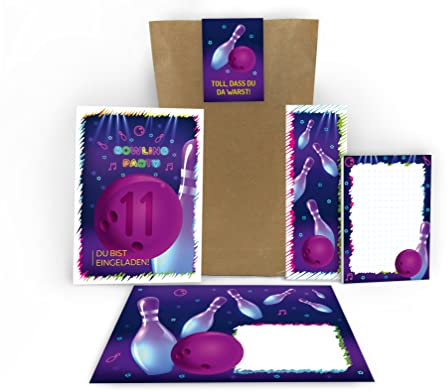 Junaversum 8 Einladungskarten zum 11. Kindergeburtstag elfte Geburtstag Mädchen Jungen Bowling Bowling-Party incl. 8 Umschläge, 8 Tüten, 8 Aufkleber, 8 Lesezeichen, 8 Blöcke