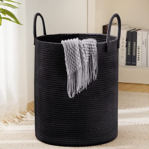 YOUDENOVA Cesto portabiancheria in corda di cotone, grande, cesto portaoggetti in tessuto, per giocattoli, decorazione per la cameretta dei bambini, cesto portabiancheria con manico, 58 l (nero, 38 cm