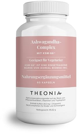 Theonia Ashwagandha Complex 9000mg Ergänzung, Hoch wirksames KSM-66 für Stimmungshebung & Energie, gegen Angst und Stress - Natürlich - 60 Kapseln, frei von Gentechnik, vegan