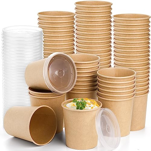 Lyellfe 80 Pack Paper Soup Containers with Lids, 16 Oz Disposable Kraft Paper Food Cups, To Go Take Out Cups for Hot Cold Drinks, Christmas Party