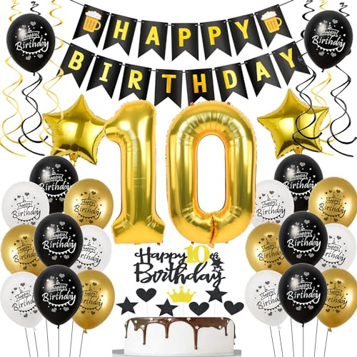 10 års födelsedagsdekoration - svart eller guldballong, pojke eller flicka - tårtdekoration och inredning - ingår: ballonger, axelband, girlander, banderoller, klistermärken