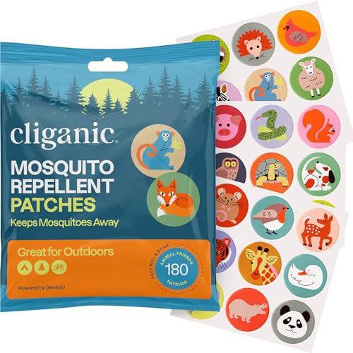 Cliganic Mosquito Repellent Stickers for Kids & Adults (180 Pack) - Animal Patches, Natural DEET-Free, Essential Oil Infused, Insect Repelling Garments