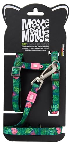 Max and Molly Adjustable Cat Harness and Leash Set - Escape-Proof Cat Harness with Leash for Outdoor Walking and Exploring, Soft Padded Double Stitched Fabric (Tropical)