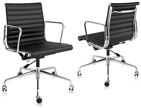 Redriver Genuine Leather Home Office Chair, Ergonomic Ribbed Leather Desk Chair with Aluminium Alloy Frame and Base, With Silent Nylon Wheels, Mid Back Swivel Chairs