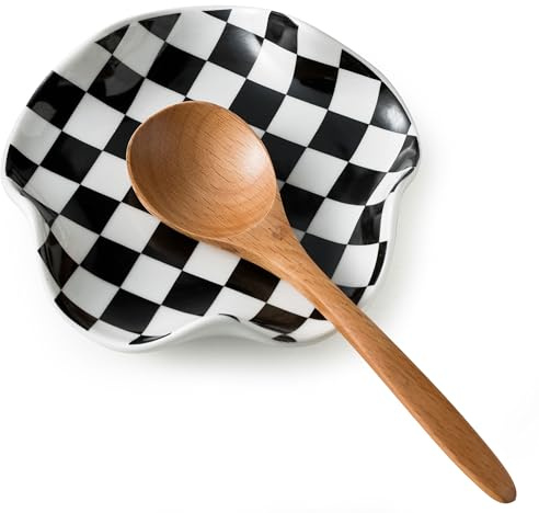 Miamolo Spoon Rest for Stove Top, 5.3in Checkered Spoon Holder Utensil Rest, Ceramic Spoon Rests for Coffee Bar, Kitchen Gadget Cooking Gift for Housewarming - Heat Resistant & Dishwasher Safe
