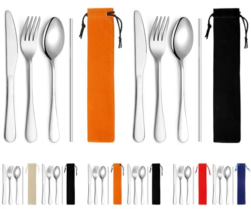Kyraton Campingbestickset 2-pack med bärbar bas, bestickset i rostfritt stål för utomhusbruk, picknick, kontor, skola, lantbruk, lunchlåda, diskmaskinssäkert