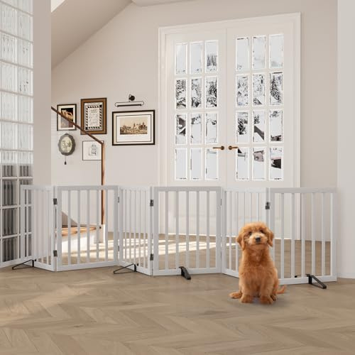Semiocthome hundgrindar i trä för huset, extra breda, 6-panels fristående husdjursgrindar med 4 st metallstativ för dörröppningar och trappor, 60 cm (H) hopfällbara hundstaket inomhus, expanderar upp