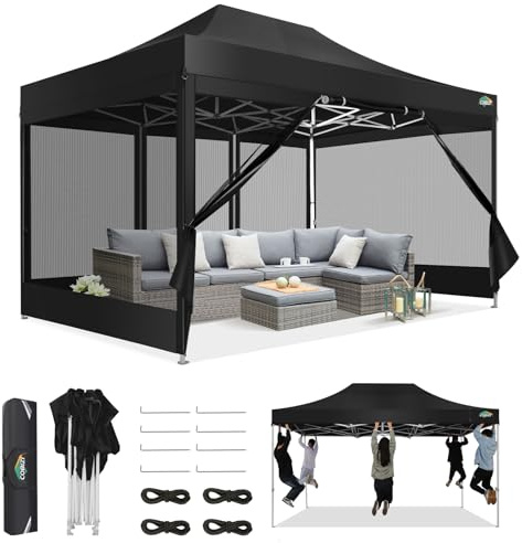 COBIZI Gazebo 3x4,5 Pieghevole Impermeabile, Esterno Resistente con Zanzariera Parete Laterale,Tende per Gazebo,Tendone Padiglione Pop Up per Feste Campeggio con Borsa(3 per 4,5m Nero)