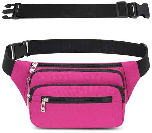 Marsupio per Uomo Donna Sportivo Unisex con Cintura Regolabile Estesa 60 cm e 4 Tasche con Cerniera Marsupi Impermeabile per Outdoor Passeggiate Escursionismo Trekking Ciclismo Viaggio (Rosa rossa)
