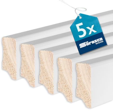 Sörnsen Wood Sockelleiste Kiefer – 5x Hochwertige Fussleisten mit eckigem Weimarer Profil – in weiß RAL 9016 lackiert und damit extra langlebig – 16x40x2400 mm