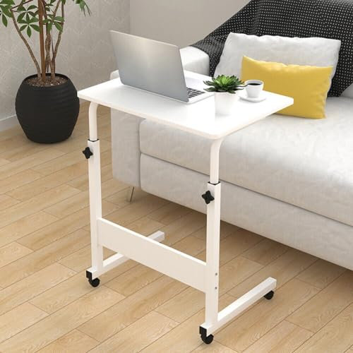 60 × 40 cm Laptop Table for Sofa or Bed, Mobile Desk, (68-88)cm Standing Height Adjustable Computer Desk, Portable Side Table, Bed Table, Sofa Table, End Table for Reading Eating (White)