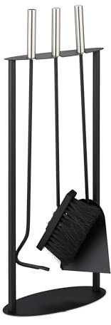 Relaxdays Accesorios Chimenea, Set de 4 Piezas, Atizador, Escoba, Pala y Soporte, Herramientas de Hierro Estufa, Negro, 60 x 24 x 12 cm