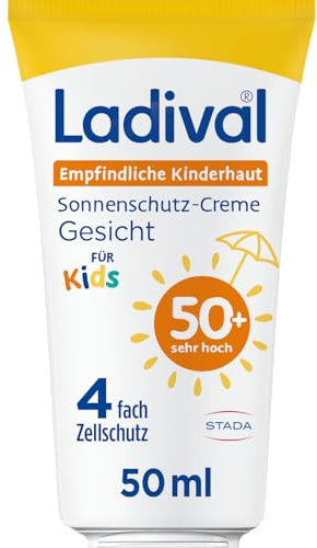 Ladival Protector solar infantil SPF 50+ para piel sensible de los niños, crema solar para cara y cuerpo, para bebés y niños a partir de 6 meses, nutritiva, extra impermeable, 4 capas de protección