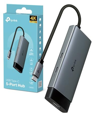 TP-Link UH5020C Hub USB-C 5 in 1, HDMI 4K@60Hz, USB-C PD Rapida a 100W, Porta USB-C+2 Porte USB-A 3.0 fino a 5 Gbps, Supporta Mac OS, Windows 11/10/8.1/8/7, Linux OS, iPadOS, iOS, Android e Chrome OS