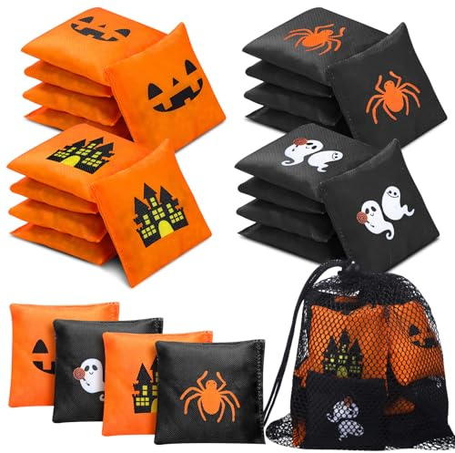 LaRandom 21 Pcs Cornhole Bean Bags for Halloween with Black Mesh Drawstring Bag 2 x 2 Inch Haunted House Ghosts Spiders Pumpkins Small Orange Black Beanbags for Toss Party Toy Halloween Throwing Games
