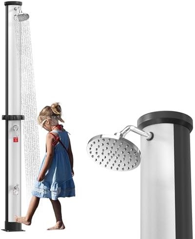 LZQ Sol trädgårdsdusch 40 L, soldusch för trädgård, terrass och camping, utomhusdusch med duschhuvud, pooldusch utomhus dusch, kran och anslutning för trädgårdsslang ingår (silver-svart)