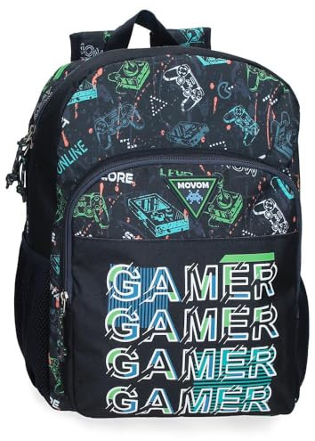 MOVOM Game Over Life ryggsäck för barn, skolväska, tillverkad av polyester, sidofickor, breda justerbara remmar, hängande övre handtag, magic Fix-system., svart, skolryggsäck