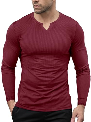 Agilelin Män, muskelskjortor, snygga långärmade slim fit, V-ringning, t-shirt, basic, termoundertröjor, Långärmad röd, L