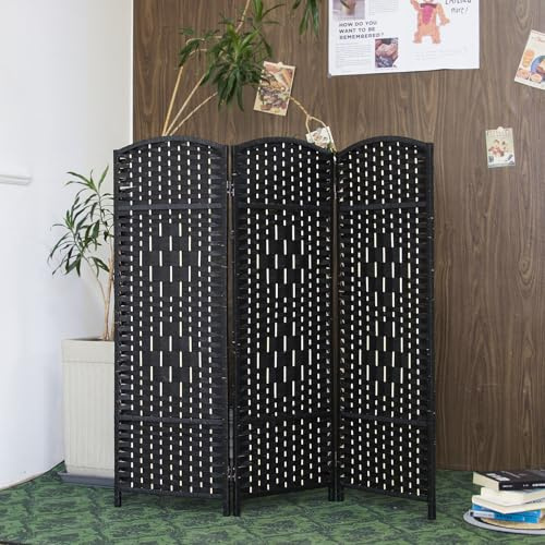Furnnylane 3 Panel Rattan Divider Short Room Partition Screen,Double Sided Folding Divider for Room Separation,Black,47.2 H x 47.2 W