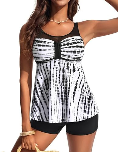 Hanna Nikole Tankini damset, magfri baddräkt, tvådelad båge, tankini topp med hög midja, badshorts, nätanslutning badkläder, justerbart badmode, Flowy strandmode, baddräkt