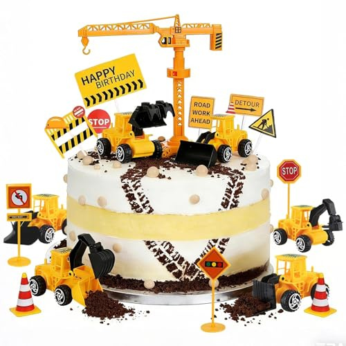18 Pezzi Decorazione per Torte da Cantiere, CIYIN Decorazione di Compleanno di Escavatori Ruspa, Decorazioni per Feste di Costruzione, Cartelli Stradali Topper per Bambini Compleanno (A)
