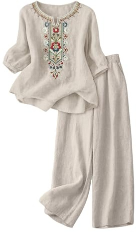 riou Conjunto Mujer Verano 2 Piezas Original Moda Algodon y Lino Traje de Primavera Ligero Chándal Blusa Manga 3/4 Pantalones Ropa de Playa Vacaciones Deportivo Casa Trabajo M-3XL