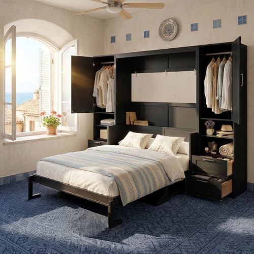 VilroCaz Queen Size Murphy Bed with Closet, Drawers and Shelves, Wood Murphy Wall Cabinet Platform Bed for Guest Room Home Office, Space-Saving