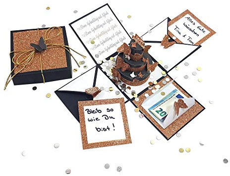 Frau WunderVoll® DIY Explosionsbox Bastelset Happy Birthday mit Aufklapp-Funktion schwarz matt,Glitzer Maße Box 10x10x10cm(gefaltet), Geburtstag Geschenkbox Geldgeschenk Scrapbook