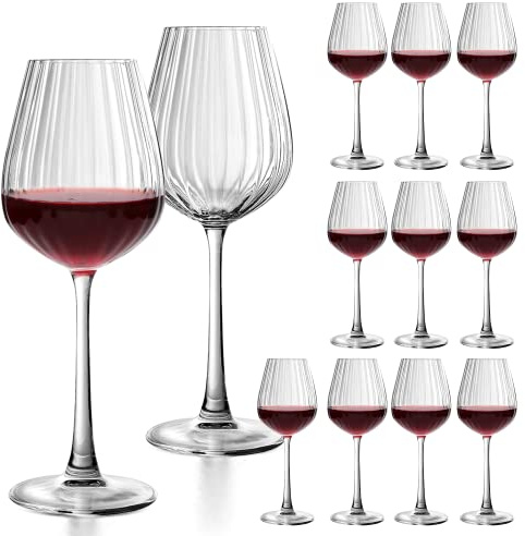 Ufrount Vintage Wine Glasses 11oz,Clear Vertical Stripes Red Wine Glass Set of 12,Exquisite Long Stem White Wine Glassware Modern Stemmed Glasses for Party,Restaurant,Home Bar