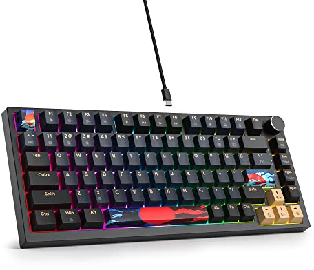 SOLIDEE verkabelte mechanische Gaming Tastatur 75%,hot-swap-fähige mechanische Tastatur Gasket,RGB Hintergrundbeleuchtung,QWERTY 82 Tasten Gaming Tastatur,NKRO Tastatur mit Drehknopf(82 Blue Samurai)