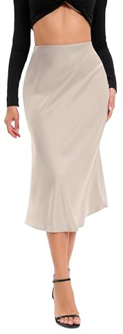 Oyamiki Gonna da donna in satin, a vita alta, con volant, elastico nascosto, estiva, svasata, setosa, fluida, lunga, linea ad A, gonne midi, cachi, M