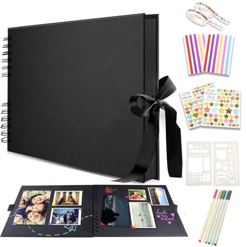 Probuk Álbum de Fotos Creativo 29x21,5cm, 80 Páginas Negras Para Bodas, Cumpleaños y Navidad, Scrapbook con Espiral y Páginas Adhesivas