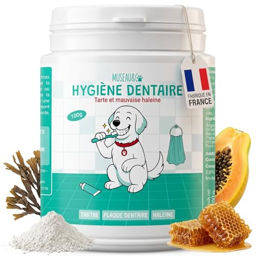 Hygiène Dentaire Chien Chat - Poudre Anti-Tartre & Mauvaise Haleine - Détartrage Naturel - Argile Propolis Ascophyllum Papaye - Formulé par des Vétérinaires - Fabriqué en France
