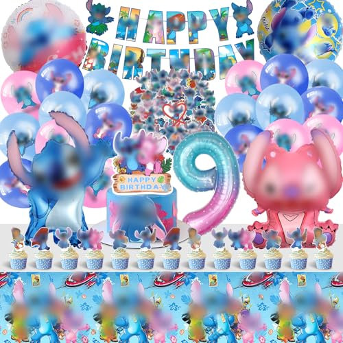 100pcs Stitc Geburtstag deko, Stitc Deko Geburtstag 9 Jahre, Stitc Kuchen Deko, Lil und Stitc Ggeburtstag Deko, Stitc Sticker, Stitc Ballons,Stitc Tortendeko für Kindergeburtstag