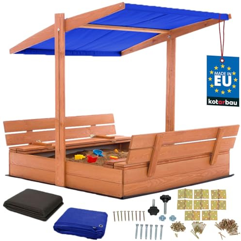 KOTARBAU® Sandlåda i Trä 120 x 120 cm, Sandlåda med Lock | Brun, Bänkar, för Barn Utomhus, med Blått Tak, med Solskydd och Markduk