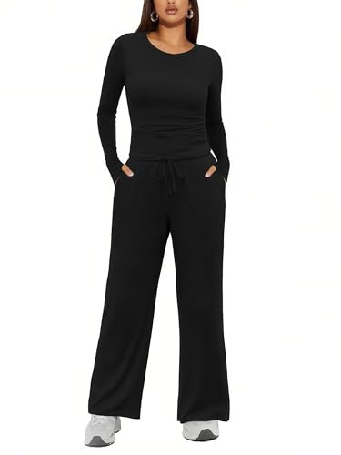 Ekouaer Lounge Wear Sets for Women Two Piece Outfit Ladies Tracksuit Full Set Co Ord Sets Matching Loungewear Ruched Top and Lounge Pants Black XL