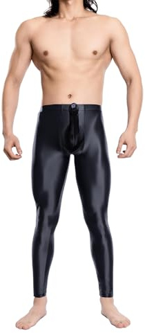 YUDATPG Men's Shiny and Silky Tight Pants, Stretchy Nylon Smooth Pants， Full Length High-Rise Leggings (UK, Alpha, L, Regular, Regular, Black)