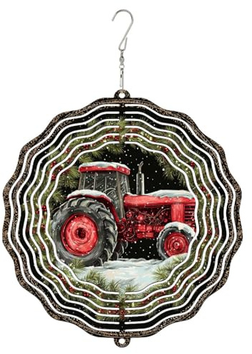 Tractor Wind Spinner, Winter Rustic Pine Snow Winter Red Metal Outdoor Color Changing Wind Sculptures Gifts for Garden Lawn Hallways Yard Party Decor 12 Inch