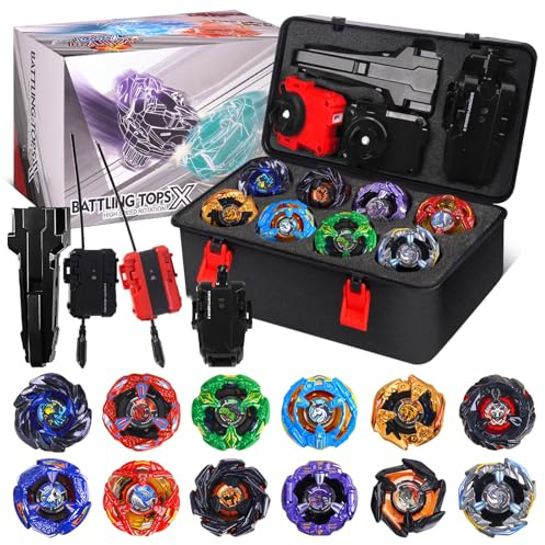 BGOVTAPO Set X Trottole da Battaglia, 12 giocattoli rotanti con 3 lanciatori, 1 impugnatura e custodia portatile | Regalo gioco arena giroscopica per bambini e bambine dai 6 anni in su