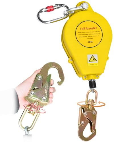 BOVDC Dispositivo Anticaduta Retrattile Certificato 10m, Imbracatura di Sicurezza Anticaduta Tetto 150 kg, Corda di Sicurezza Anticaduta Retrattile Tetto con 360° Gancio Autobloccante(Giallo,10m)