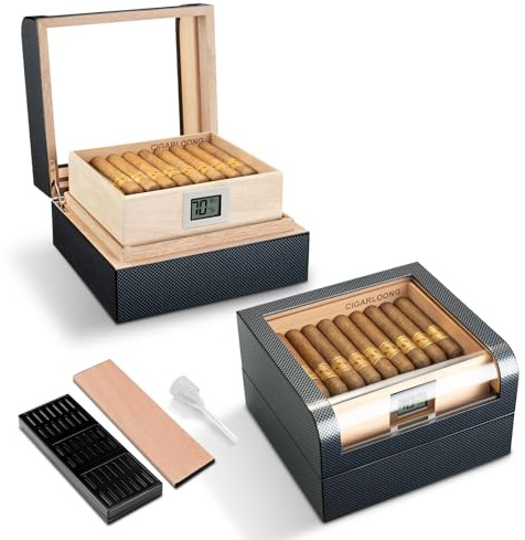 CLZOONG Cave à cigares en Bois de cèdre avec humidificateur et hygromètre, étagère, boîte de Rangement pour cigares avec Couvercle en Verre pour Hommes (Peut contenir jusqu'à 70 cigares) (Black)