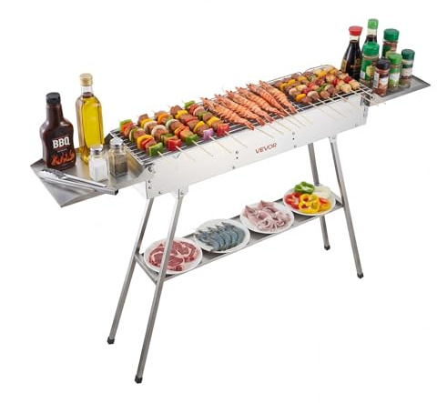 VEVOR Barbacoa de Carbón Plegable 0,16 m², Parrilla de Carbón Portátil con Bandeja de Carbón Elevable y Mesas Laterales, Barbacoa de Acero Inoxidable para Acampar al Aire Libre, Fiestas en Jardín