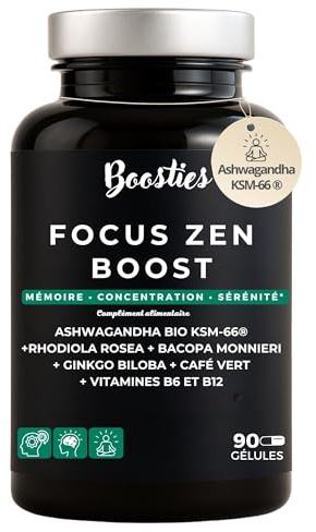 BOOSTIES Focus & Énergie - Ashwagandha KSM-66 + Bacopa + Ginkgo + Rhodiola + Caféine Naturelle + Vitamines B6 & B12 - Concentration, Mémoire, Vitalité - 90 Gélules Vegan