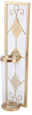 Ghzste Väggljushållare set med vintage romb glasskydd (guld) | Järnmetallkonstruktion, bondgård väggdekor, passar vardagsrum eller sovrum entré