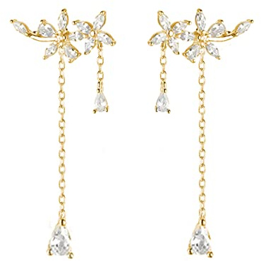 SLUYNZ 925 Sterling Silber Tropfen Ohrringe Kette für Frauen Damen Blumen Crawler Ohrringe Einfädler Quaste Baumeln (C-Gold)