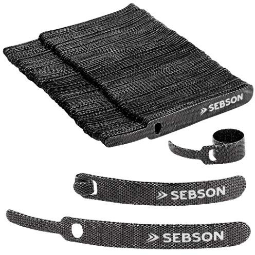 SEBSON Fascetta per Cavi riutilizzabili nera, Set di 100 - larghezza 12mm; lunghezza 100mm - Fascette a Strappo regolabili, Tessuto