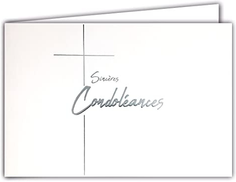 64-1088 Carte Horizontale Sincères Condoléances avec Croix Chrétienne Catholique Argentée Brillante Carte qui s'ouvre Intérieur blanc Avec Enveloppe Blanche format 12x17,5cm