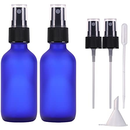 Bottiglie Spray Vetro Blu Smerigliato 60ml, piccole bottiglie spray riutilizzabili ricaricabili dell'atomizzatore della nebbia fine per olio essenziale, aromaterapia, profumi, pulizia (2 pezzi)